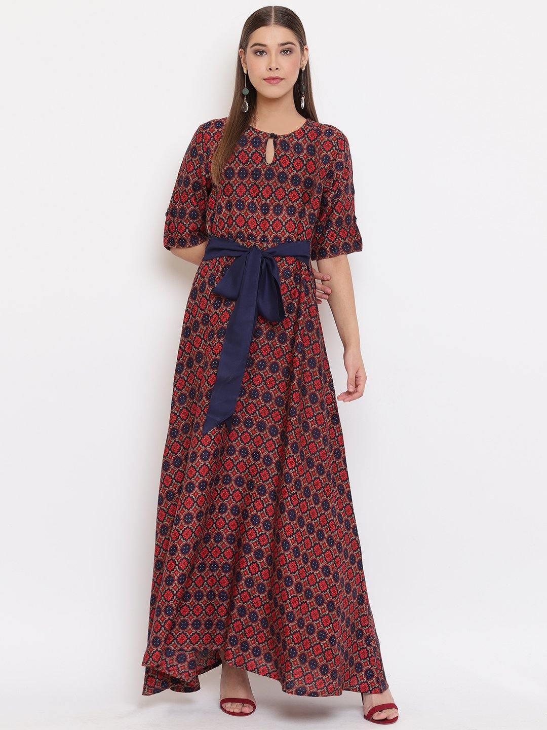 Women's Red Rayon Western Dress-Mansa - Indiakreations