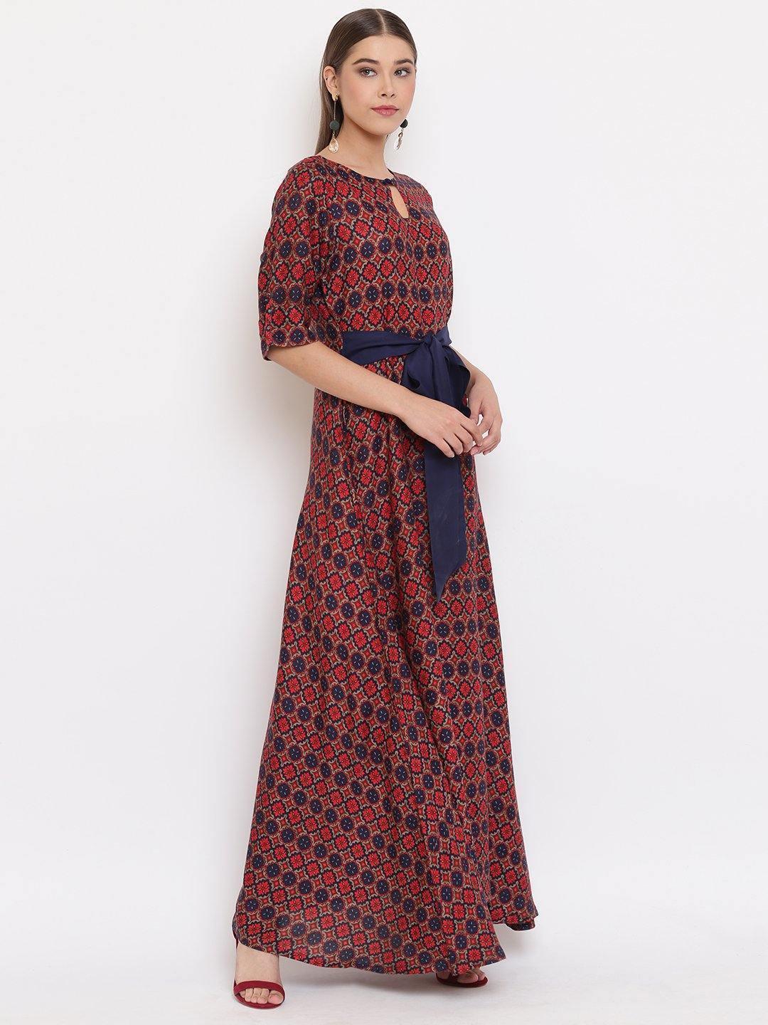 Women's Red Rayon Western Dress-Mansa - Indiakreations