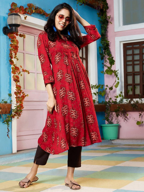 Women's Maroon Rayon Crepe Kurta-Mansa - Indiakreations