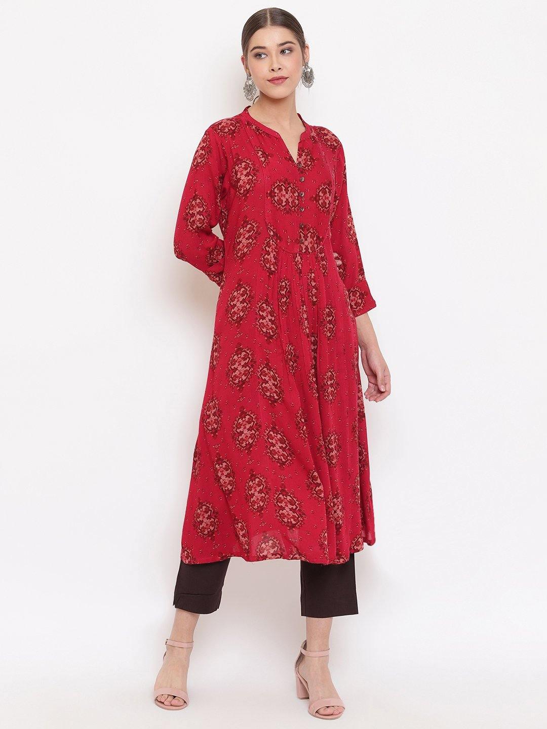 Women's Maroon Rayon Crepe Kurta-Mansa - Indiakreations