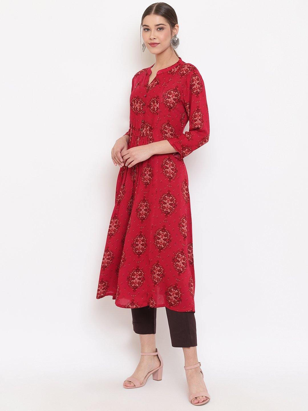 Women's Maroon Rayon Crepe Kurta-Mansa - Indiakreations