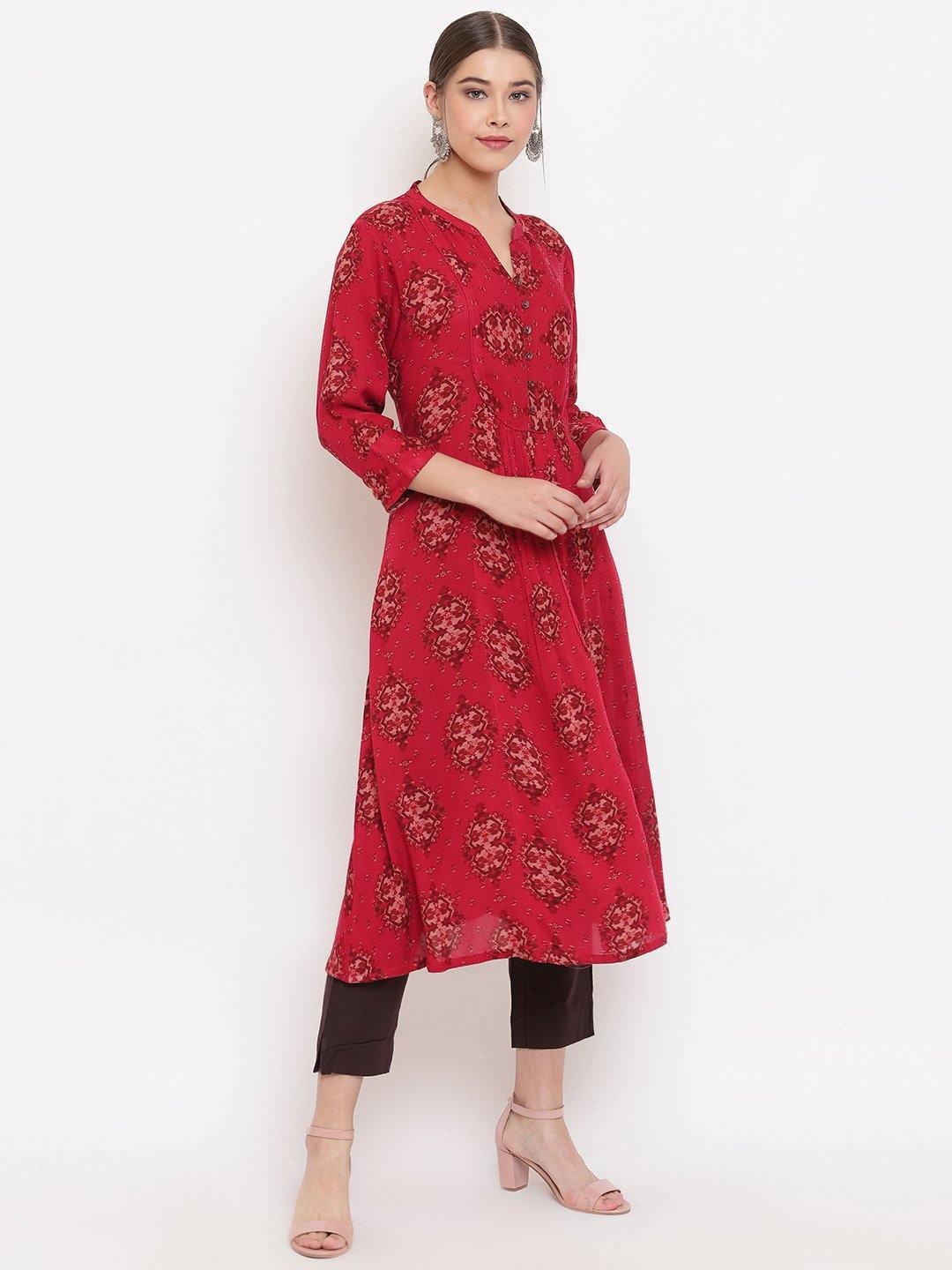 Women's Maroon Rayon Crepe Kurta-Mansa - Indiakreations