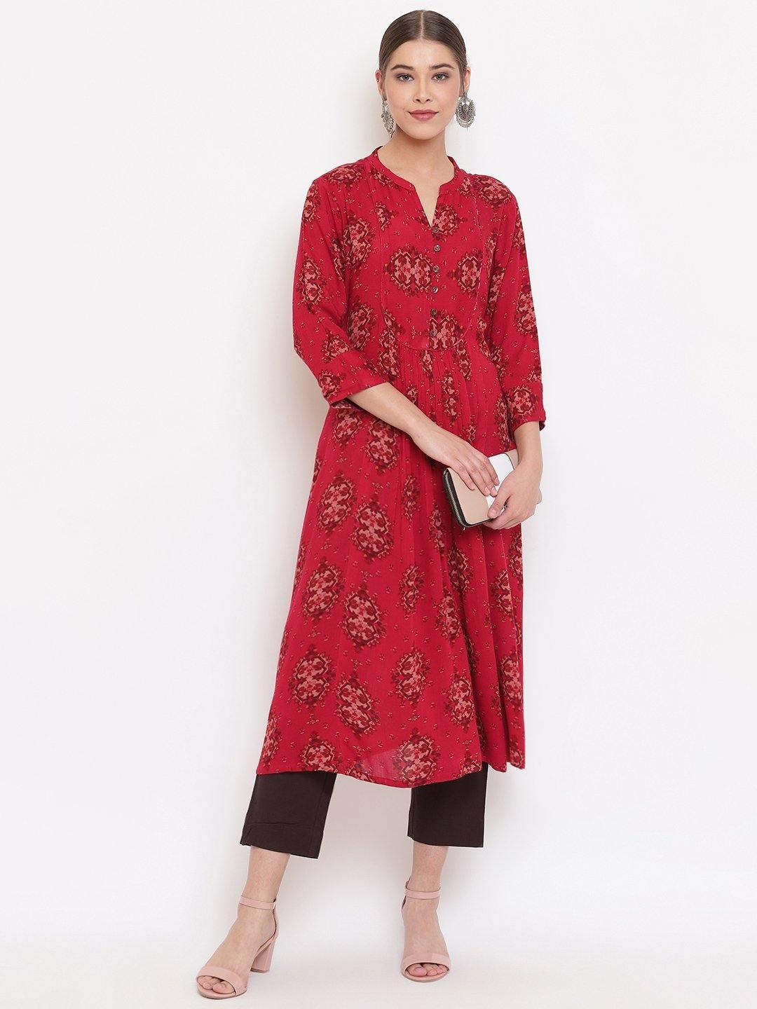 Women's Maroon Rayon Crepe Kurta-Mansa - Indiakreations