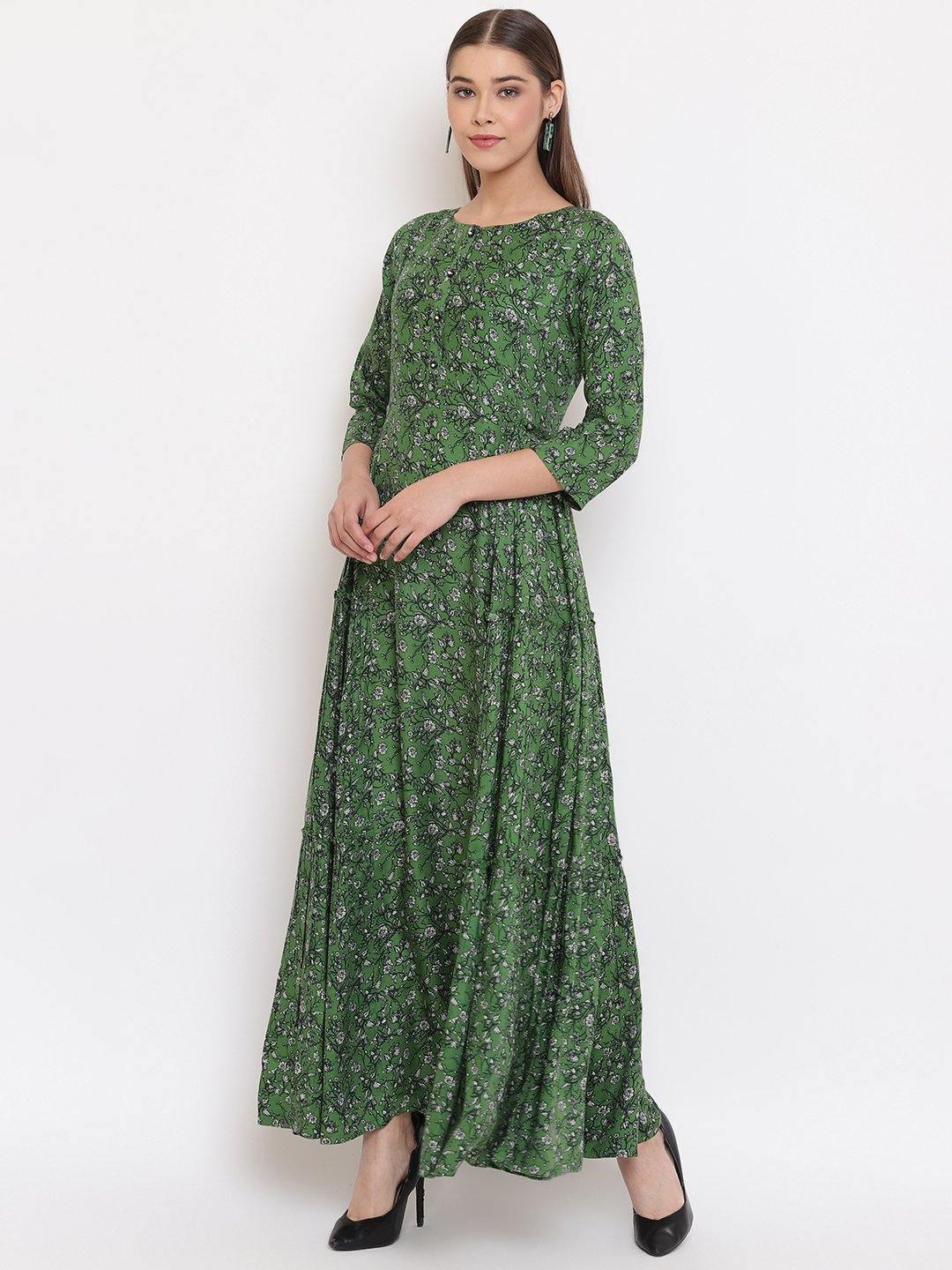 Women's Green Rayon Western Dress-Mansa - Indiakreations