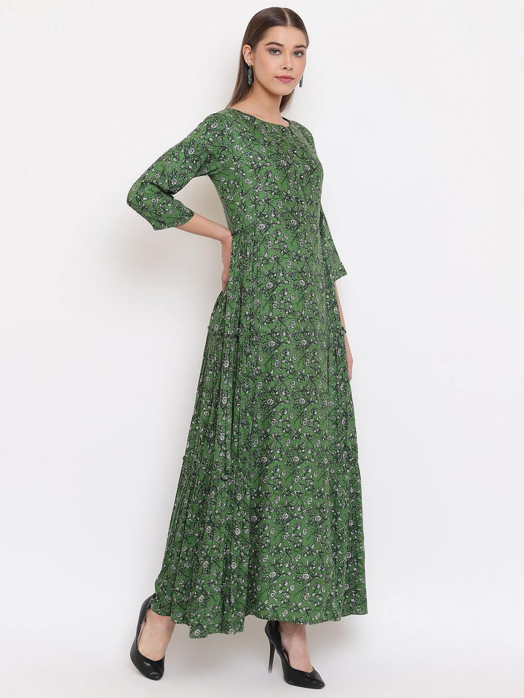 Women's Green Rayon Western Dress-Mansa - Indiakreations