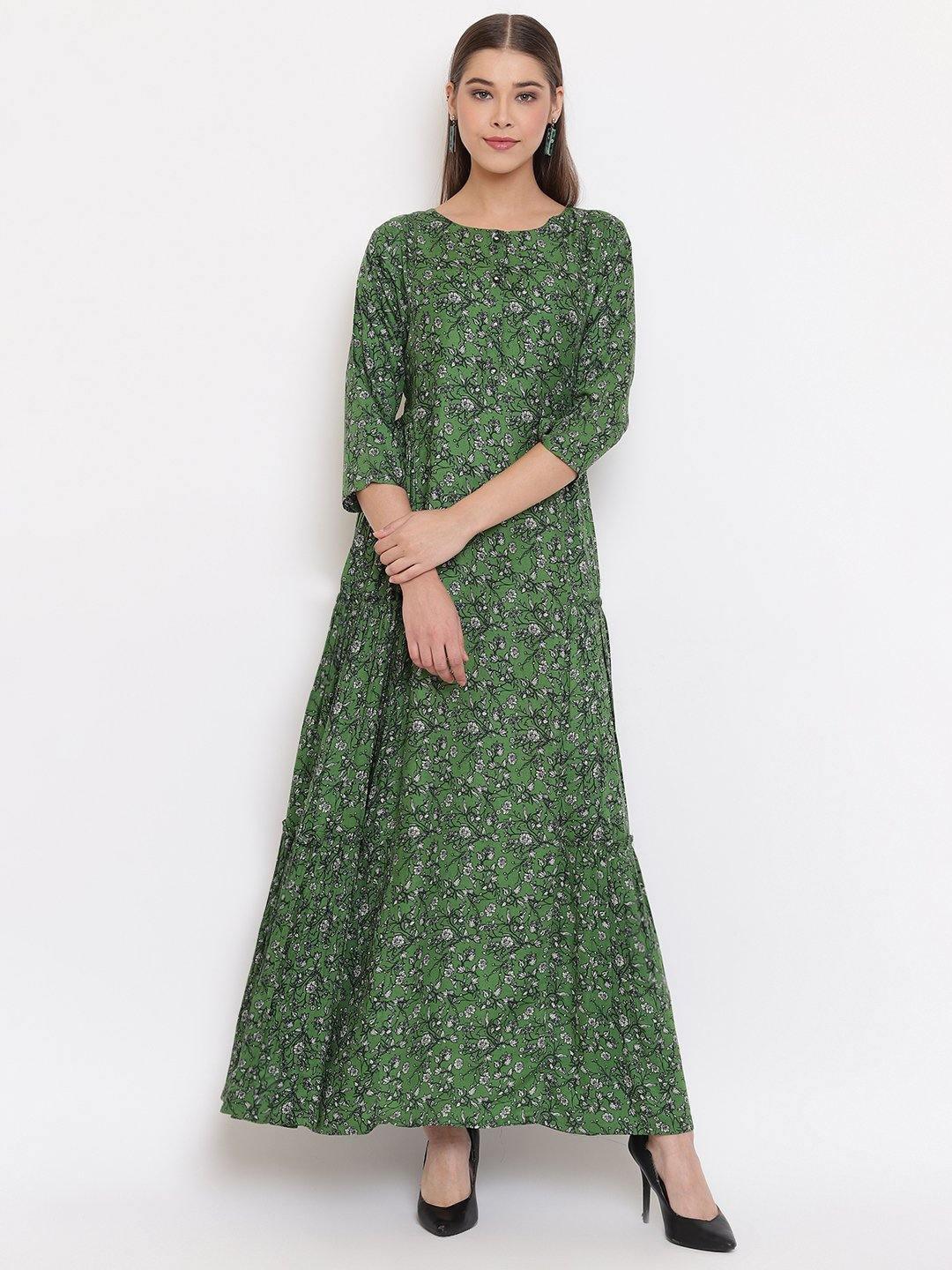 Women's Green Rayon Western Dress-Mansa - Indiakreations