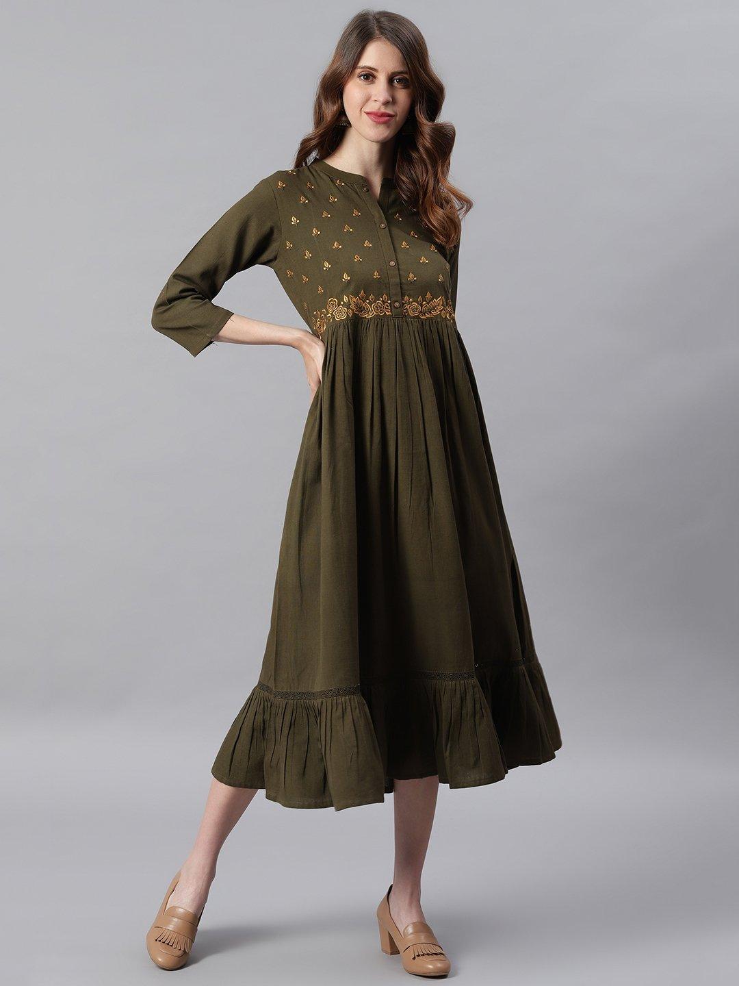 Women's Olive Cotton Flex Western Dress-Mansa - Indiakreations