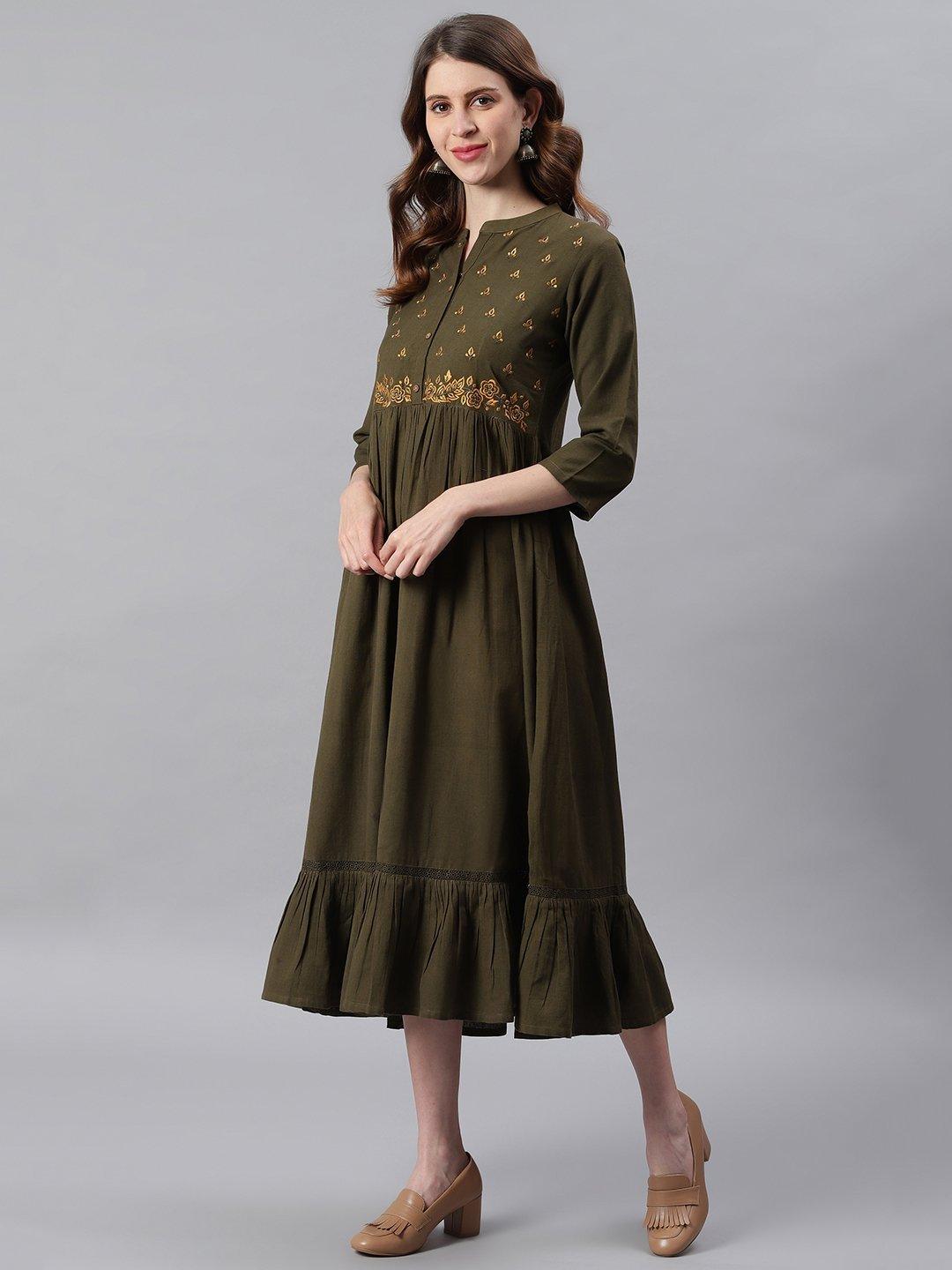 Women's Olive Cotton Flex Western Dress-Mansa - Indiakreations