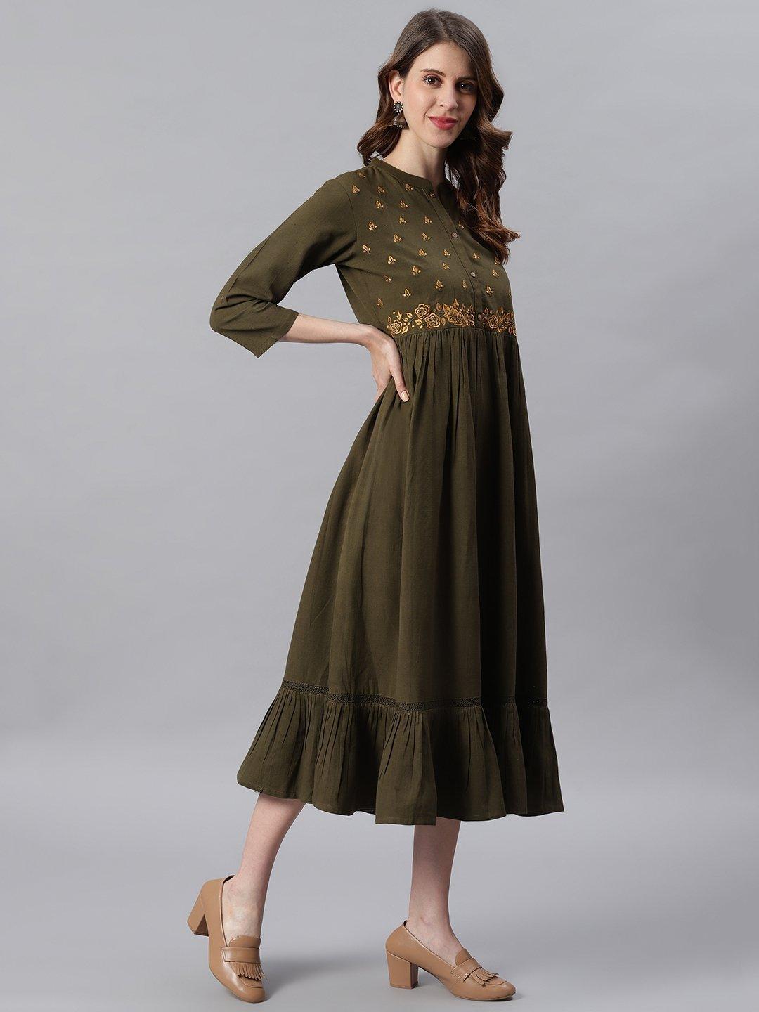 Women's Olive Cotton Flex Western Dress-Mansa - Indiakreations