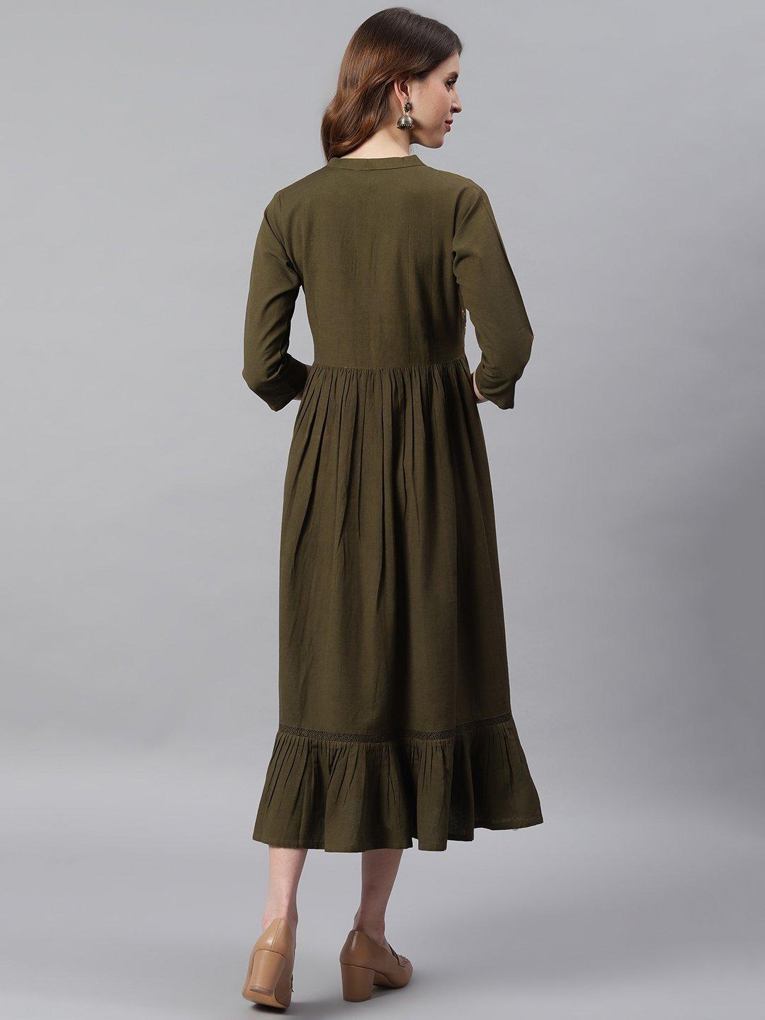 Women's Olive Cotton Flex Western Dress-Mansa - Indiakreations