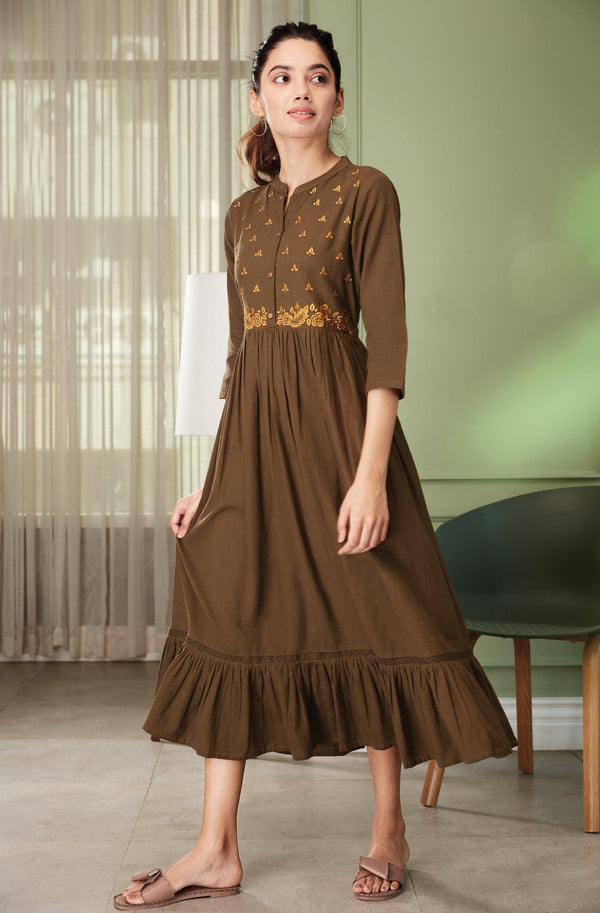 Women's Olive Cotton Flex Western Dress-Mansa - Indiakreations