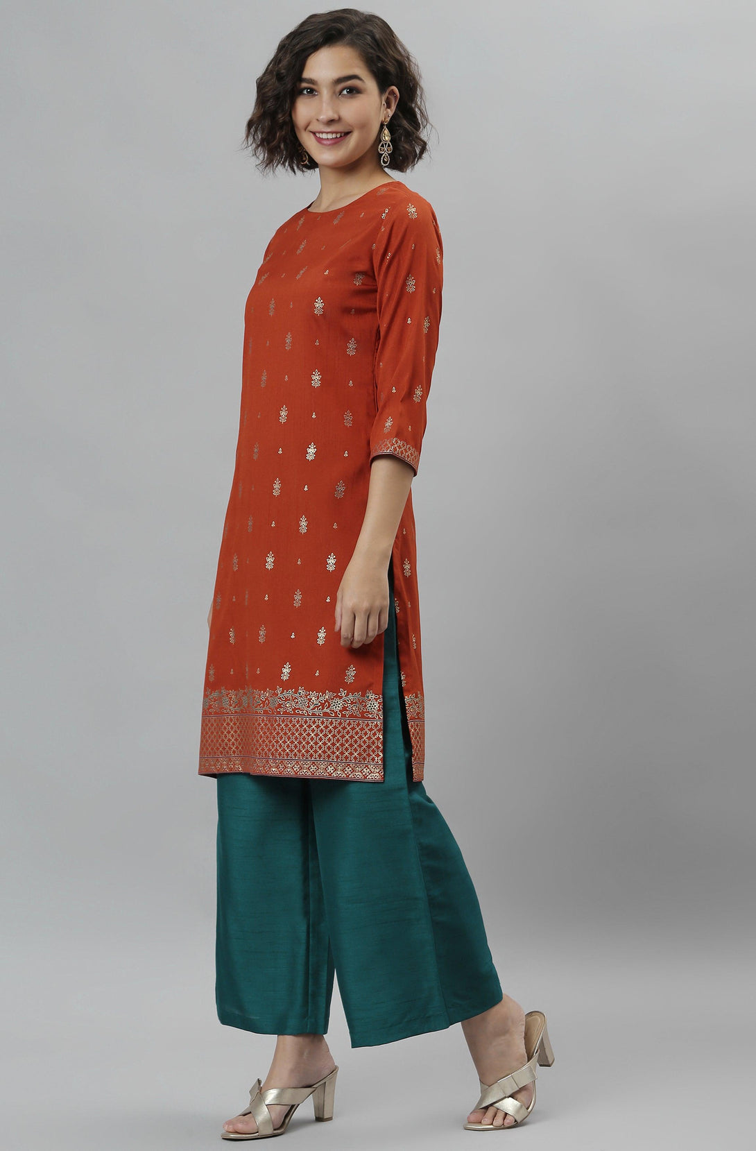 Women's Orange Poly Silk Floral Print Kurta With Palazzo And Dupatta - Mansa - Indiakreations