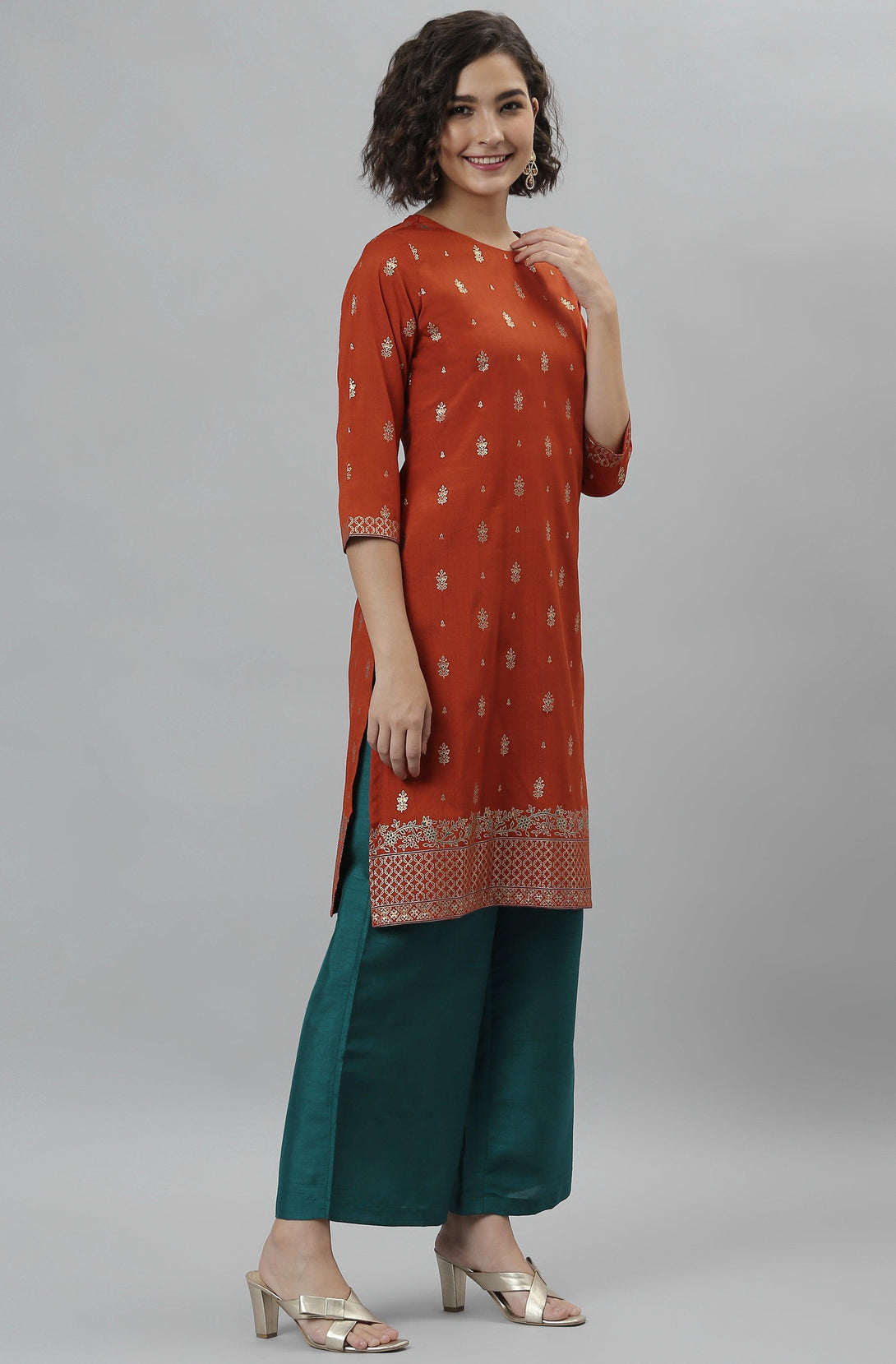 Women's Orange Poly Silk Floral Print Kurta With Palazzo And Dupatta - Mansa - Indiakreations