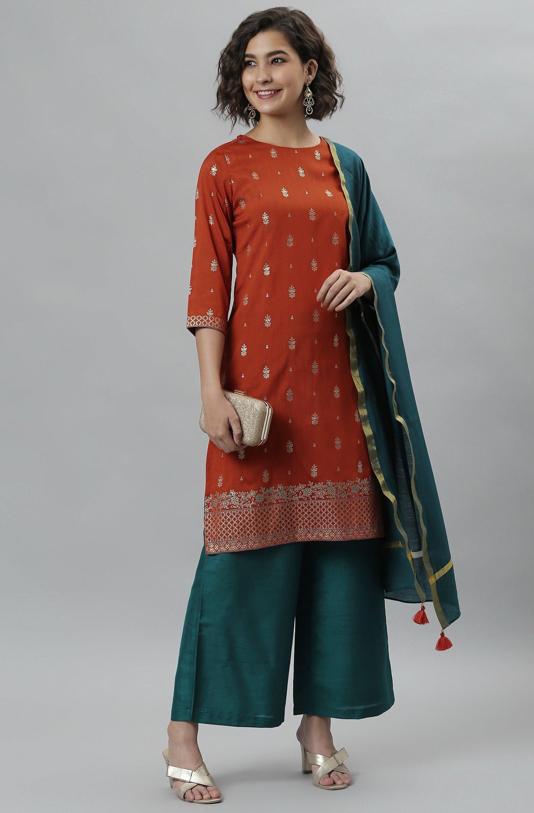 Women's Orange Poly Silk Floral Print Kurta With Palazzo And Dupatta - Mansa - Indiakreations