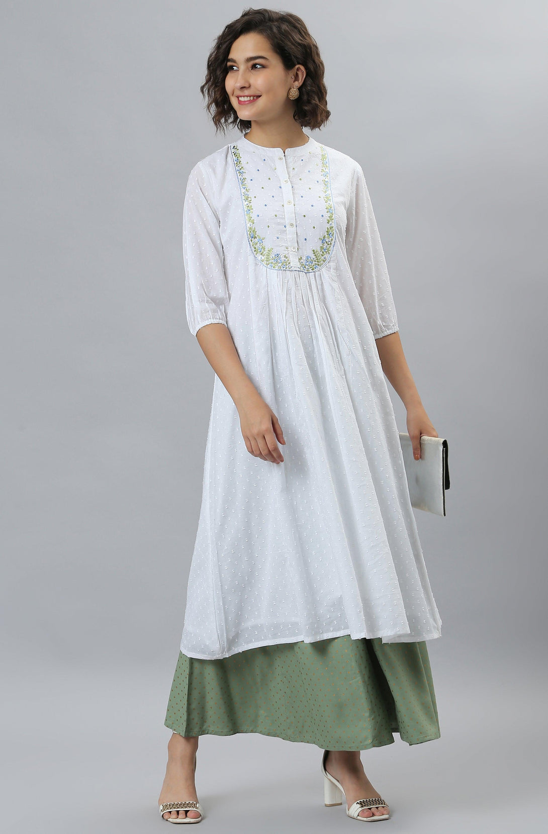 Women's White Cotton Embroidered Flared Kurta - Mansa - Indiakreations