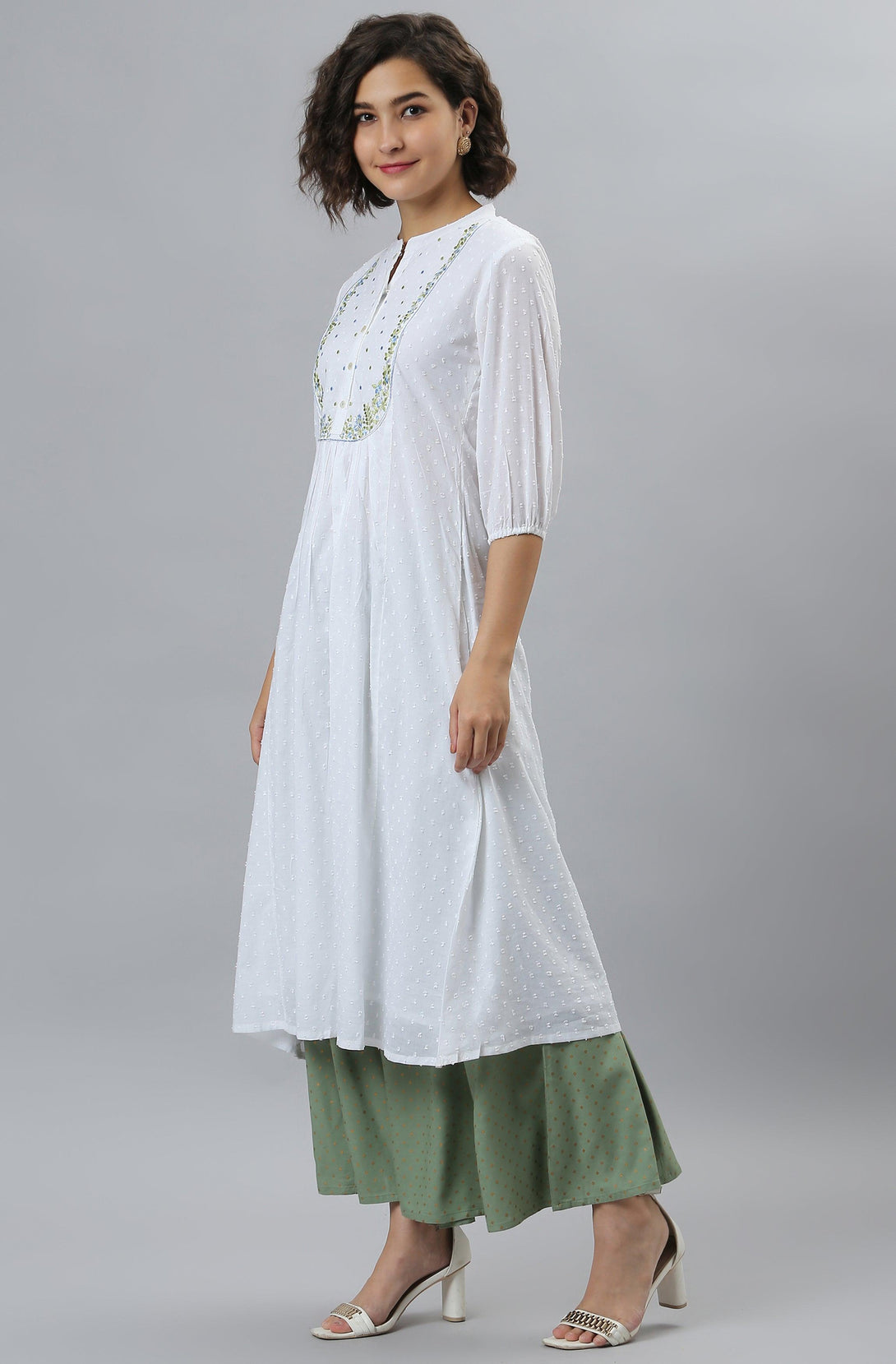 Women's White Cotton Embroidered Flared Kurta - Mansa - Indiakreations