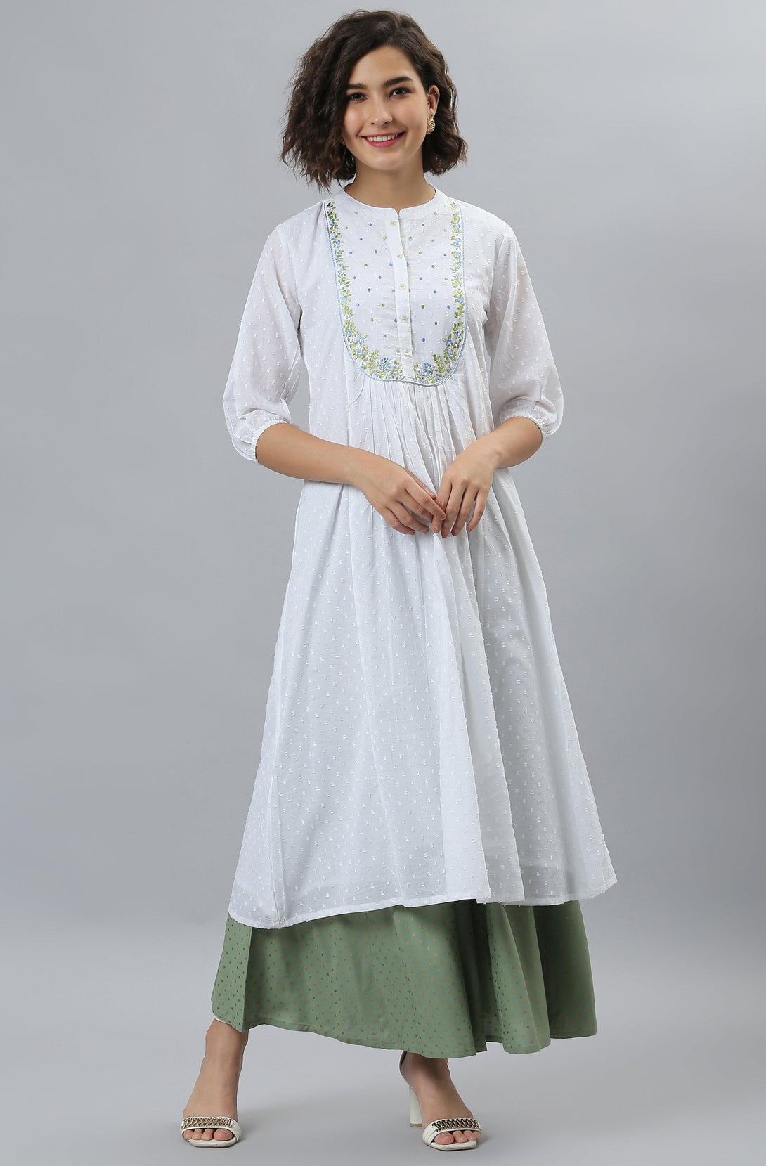 Women's White Cotton Embroidered Flared Kurta - Mansa - Indiakreations