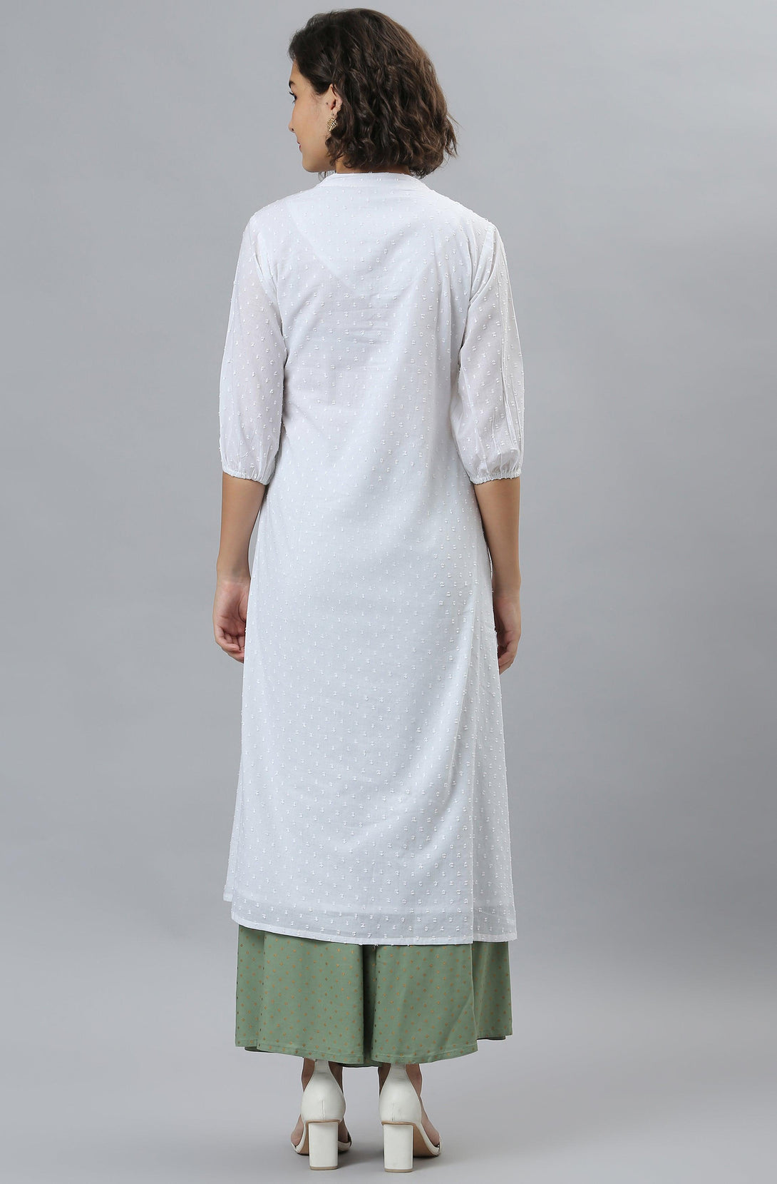 Women's White Cotton Embroidered Flared Kurta - Mansa - Indiakreations