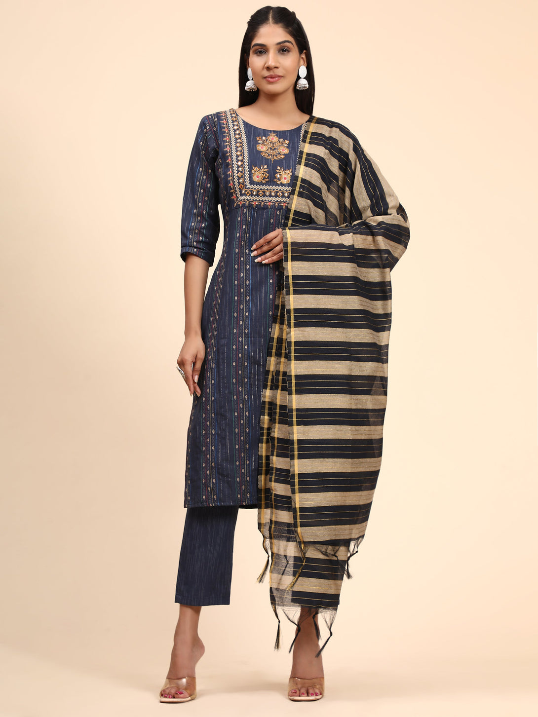 Women's Print & Embroidered Straight Cotton Blue Stitched Kurta Pant With Dupatta - Vbuyz