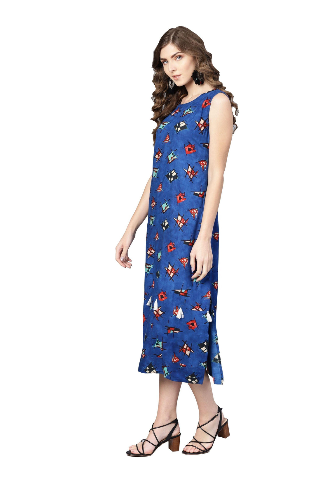 Women's Blue Rayon Printed Sleveeless Round Neck Dress - Myshka - Indiakreations