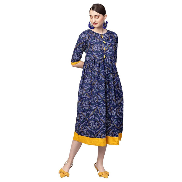 Women Navy Blue Cotton Printed Dress by Myshka (1 Pc Set) - Indiakreations