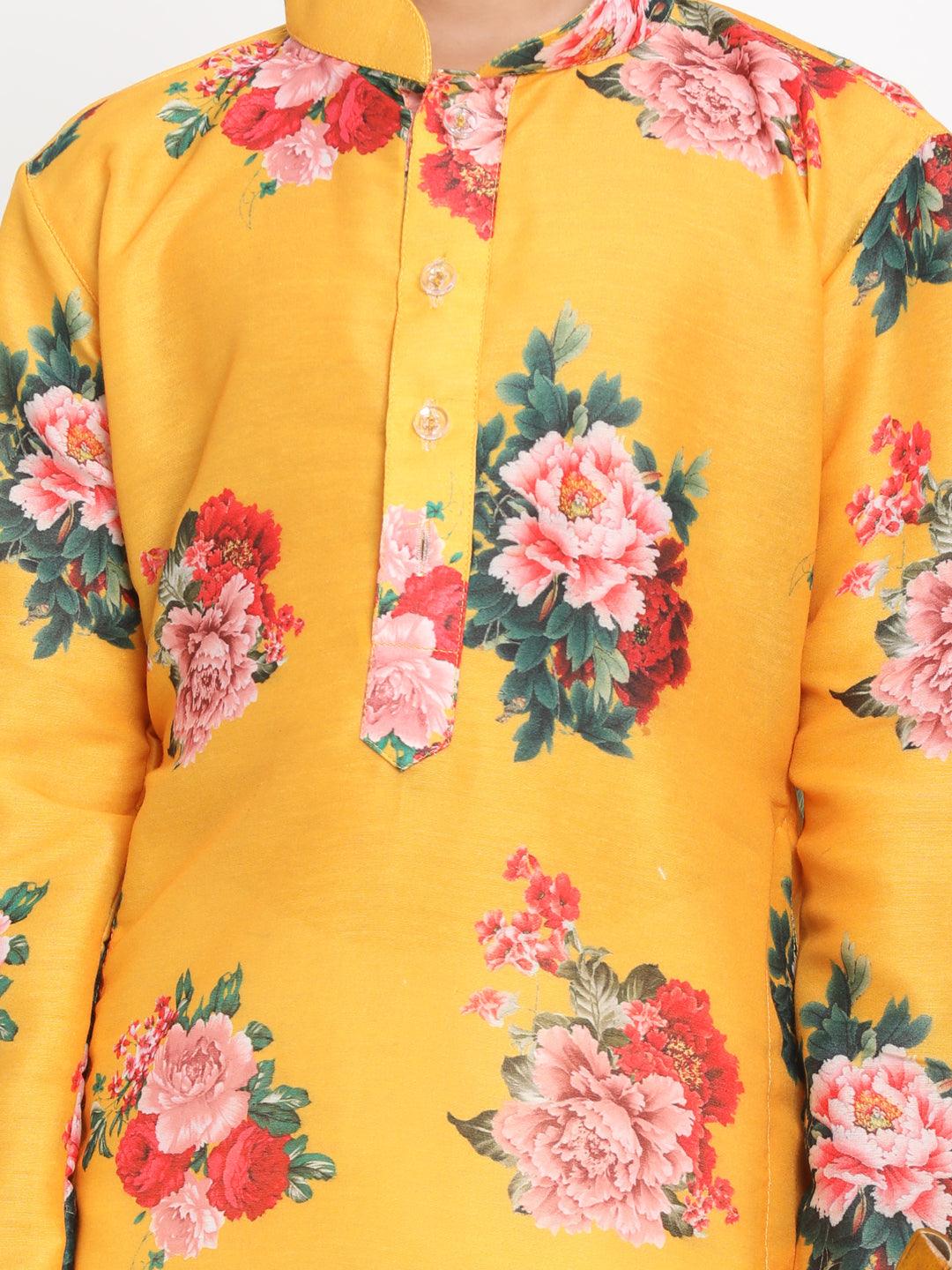 Boy's Multicolor-Base-Yellow Cotton Blend Kurta and Dhoti Set & Girl's Floral Printed Cotton Silk Kurta And Tulip Pants - Vastramay - Indiakreations