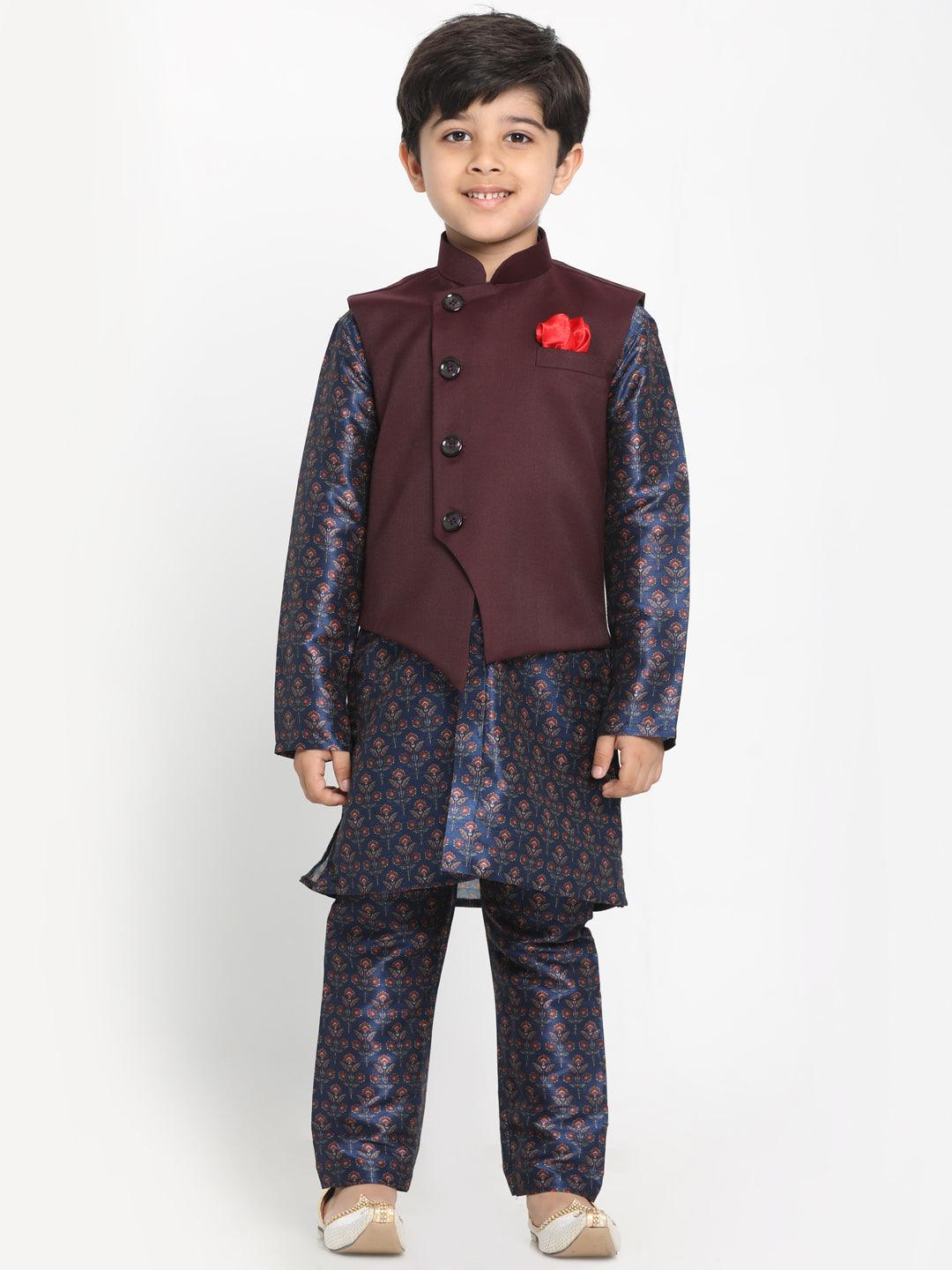 Boy's Multicolor Base Blue Silk Blend Jacket, Kurta And Pyjama Set - JBN Creation - Indiakreations