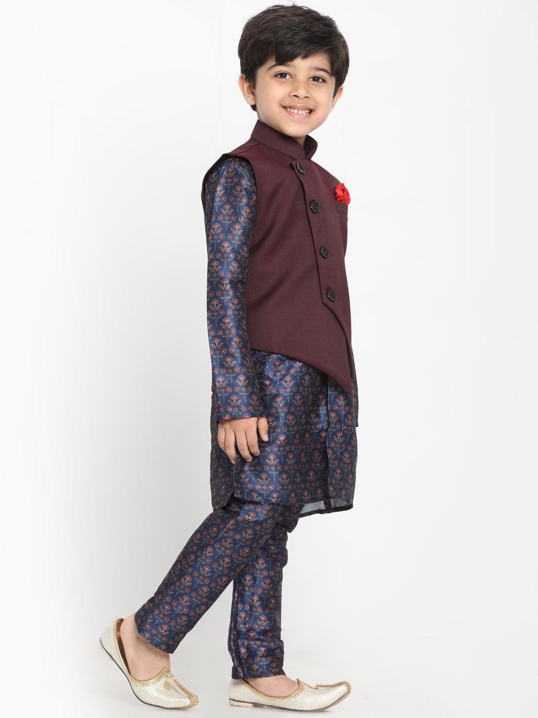 Boy's Multicolor Base Blue Silk Blend Jacket, Kurta And Pyjama Set - JBN Creation - Indiakreations