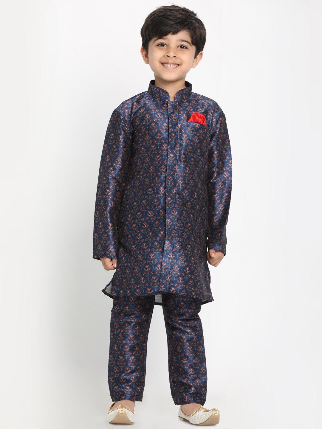 Boy's Multicolor Base Blue Silk Blend Jacket, Kurta And Pyjama Set - JBN Creation - Indiakreations