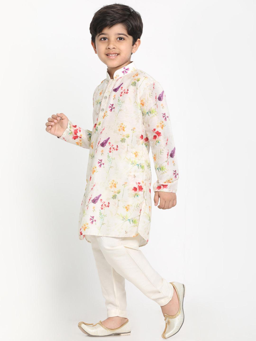 Boy's Multicolor-Base-Cream Cotton Blend Kurta Pyjama Set & Girl's Printed Floral Linen Kurta And Straight Pant Set - Vastramay - Indiakreations