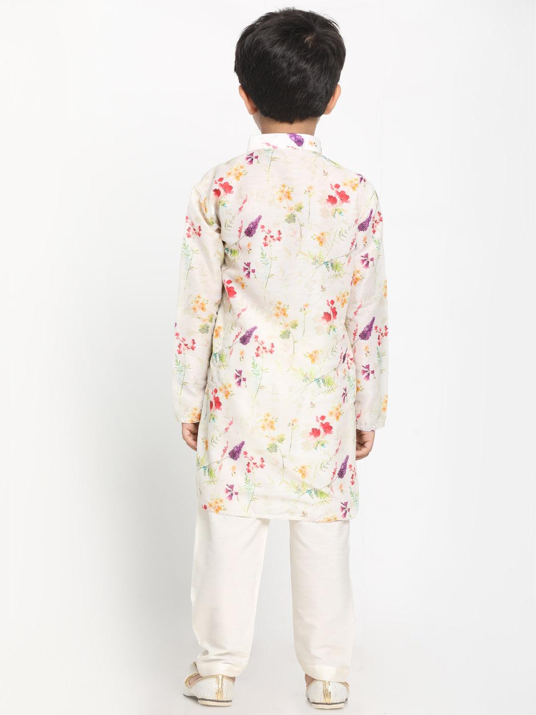Boy's Multicolor-Base-Cream Cotton Blend Kurta Pyjama Set & Girl's Printed Floral Linen Kurta And Straight Pant Set - Vastramay - Indiakreations