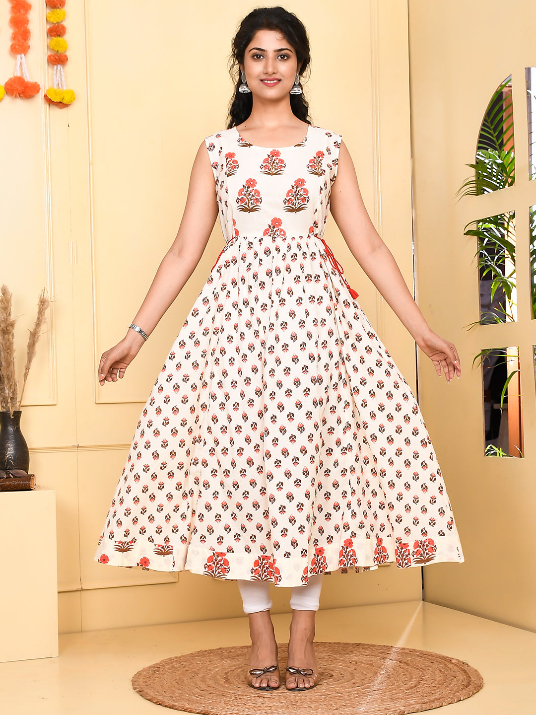 Women's White Floral Print A-Line Dress - Jaitpuriya Fashion