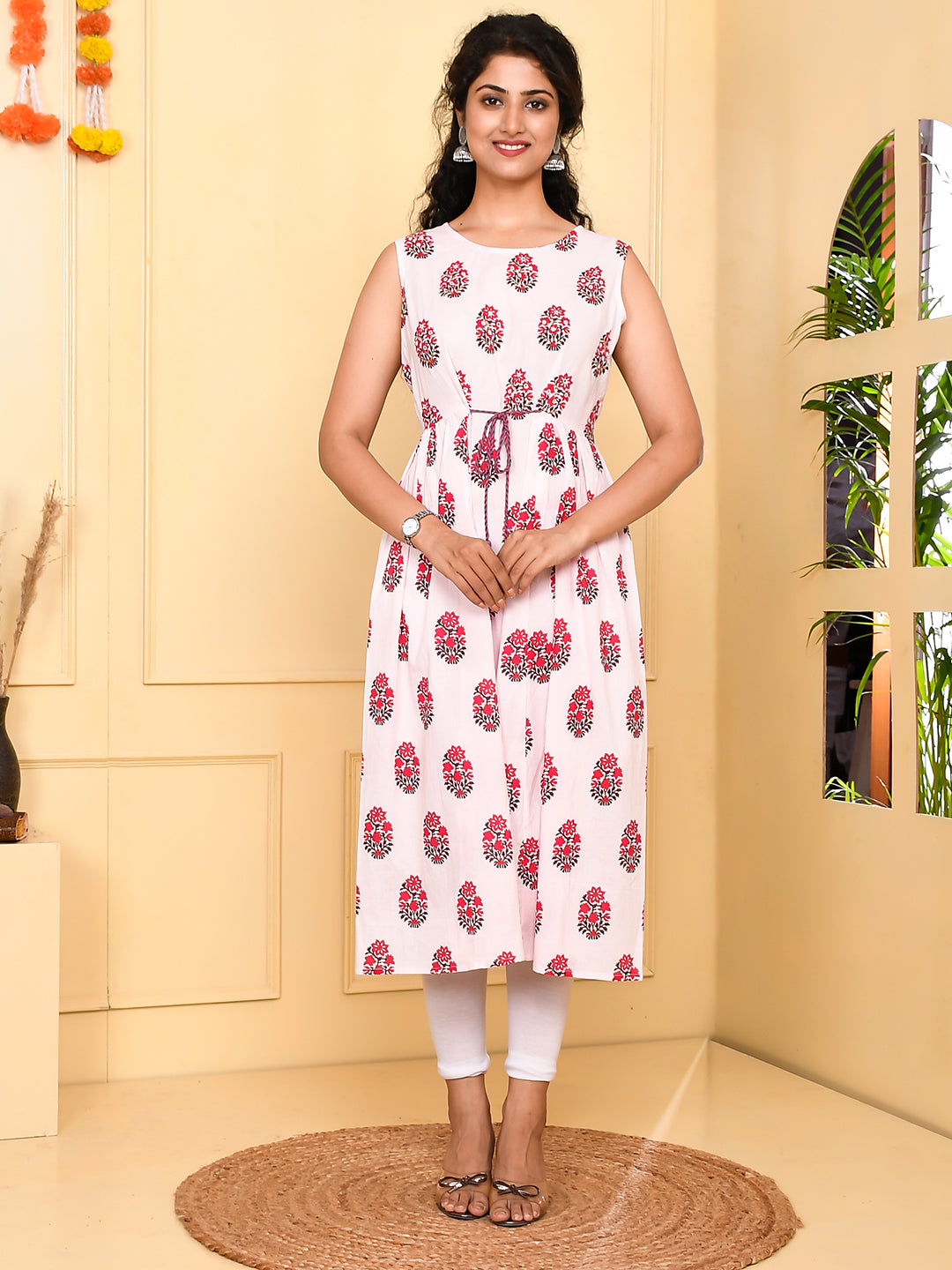 Women's White Floral Print A-Line Dress - Jaitpuriya Fashion