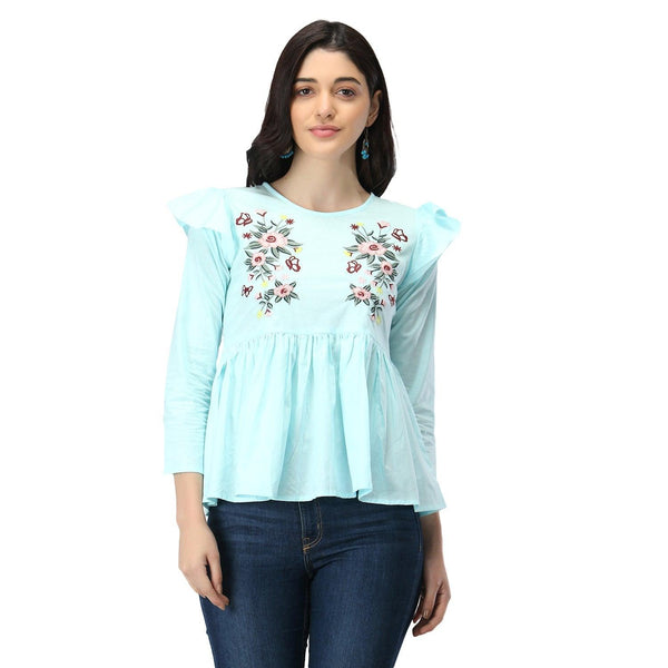 Women Sky Blue Floral Embroidered Top - NOZ2TOZ - Indiakreations