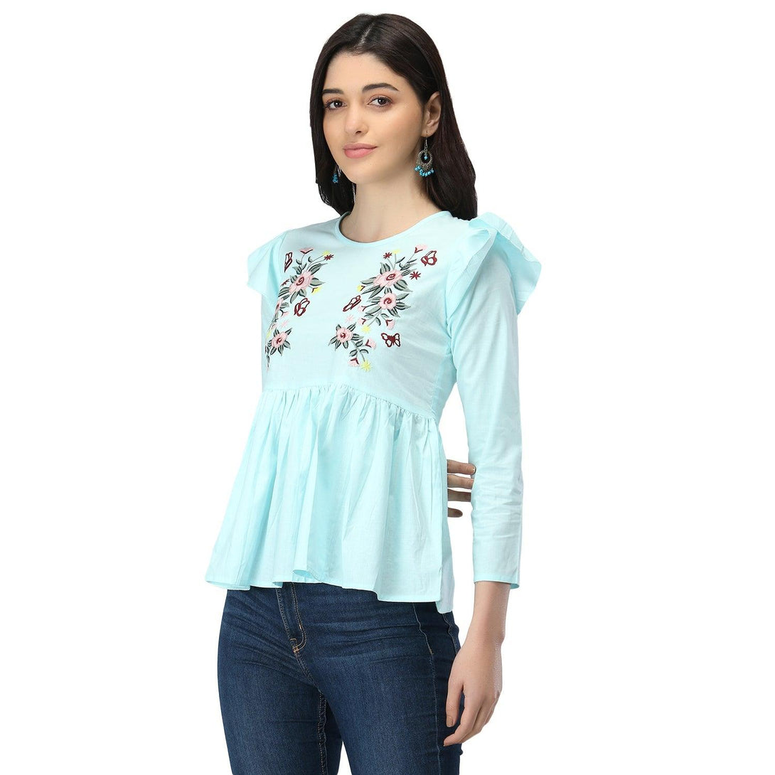 Women Sky Blue Floral Embroidered Top - NOZ2TOZ - Indiakreations