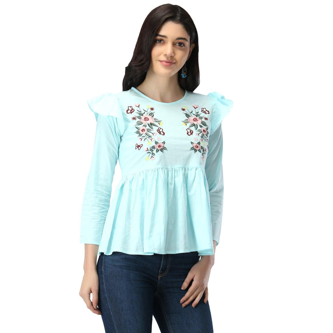 Women Sky Blue Floral Embroidered Top - NOZ2TOZ - Indiakreations