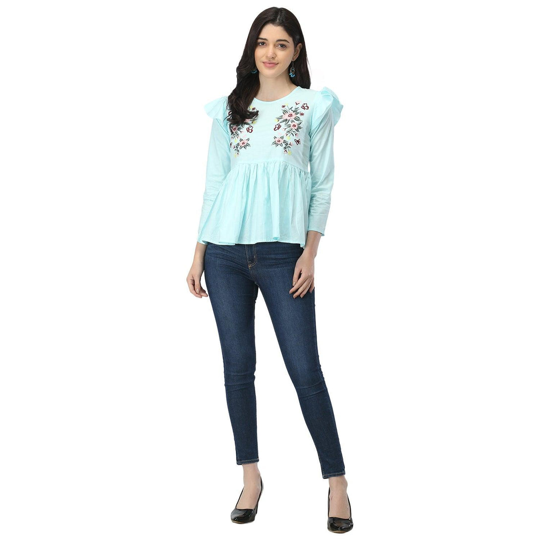 Women Sky Blue Floral Embroidered Top - NOZ2TOZ - Indiakreations