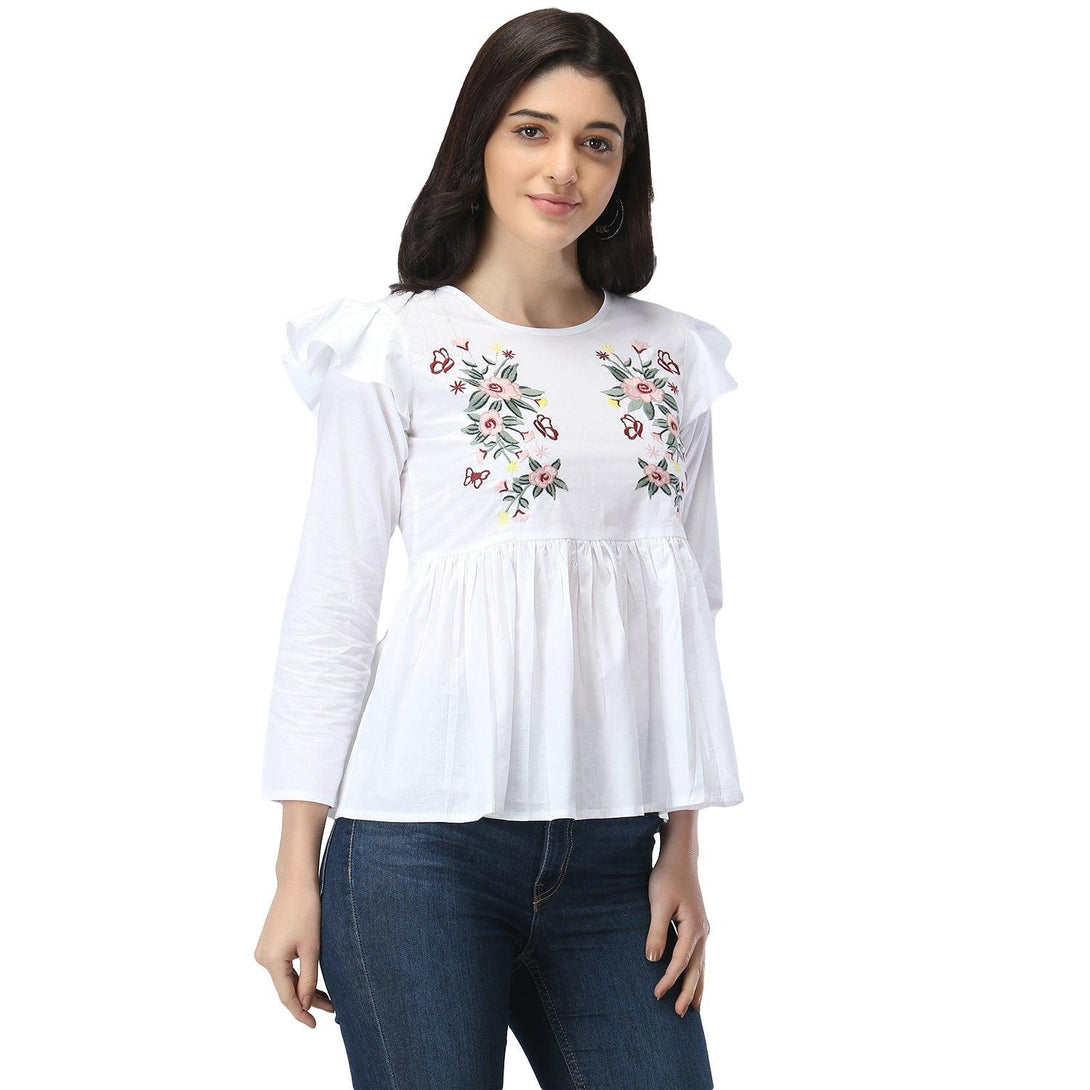 Women White Floral Embroidered Top - NOZ2TOZ - Indiakreations