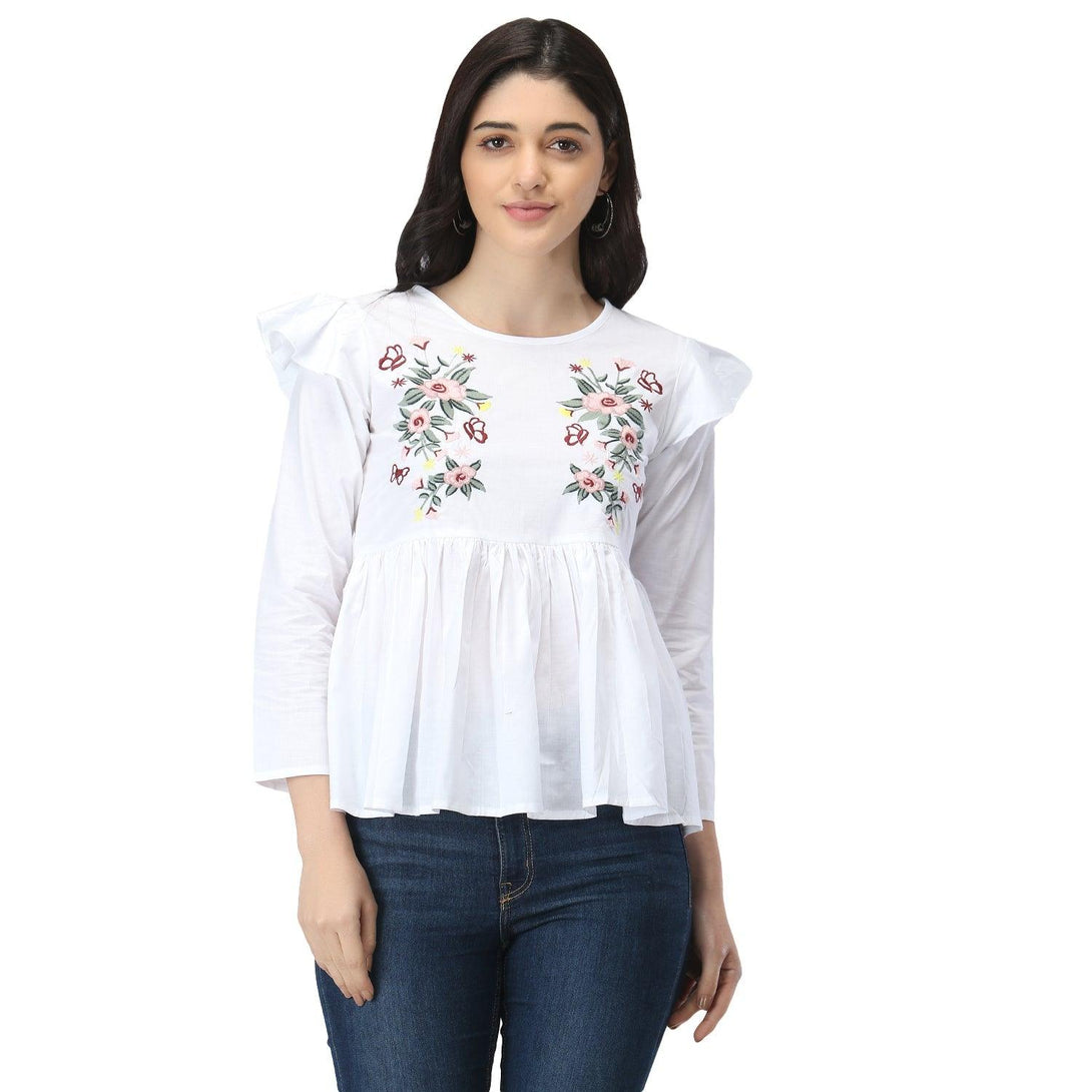 Women White Floral Embroidered Top - NOZ2TOZ - Indiakreations