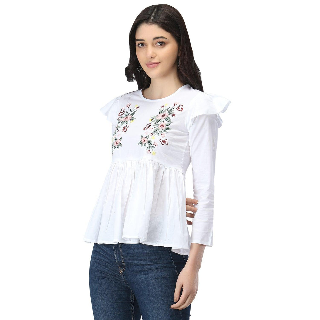 Women White Floral Embroidered Top - NOZ2TOZ - Indiakreations