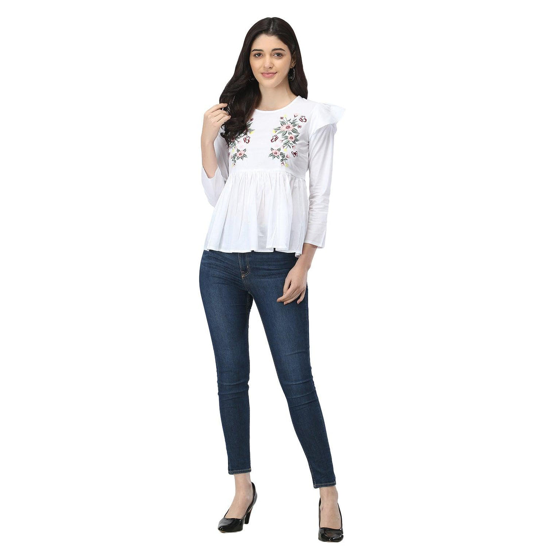 Women White Floral Embroidered Top - NOZ2TOZ - Indiakreations