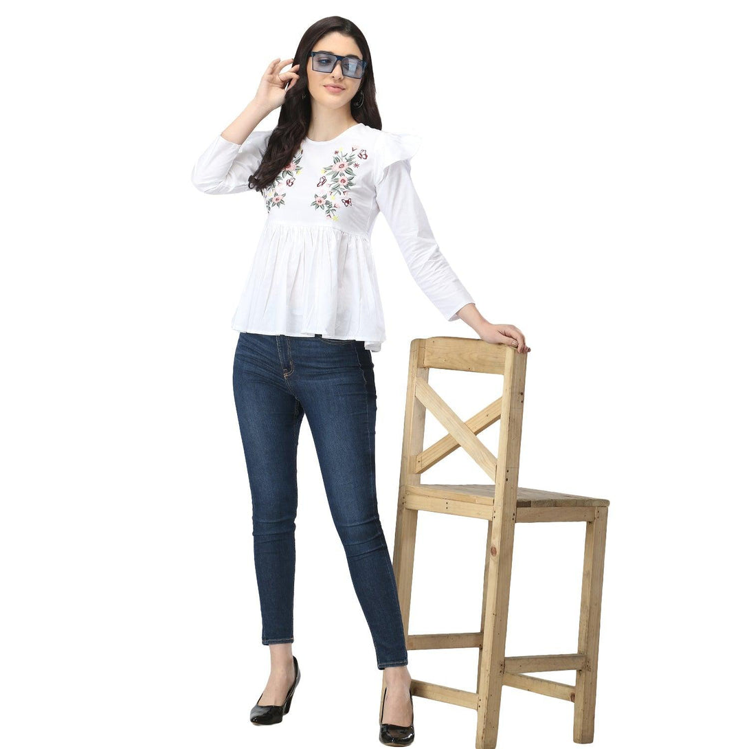 Women White Floral Embroidered Top - NOZ2TOZ - Indiakreations