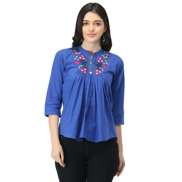 Women Royal Blue Floral Embroidered Top - NOZ2TOZ - Indiakreations