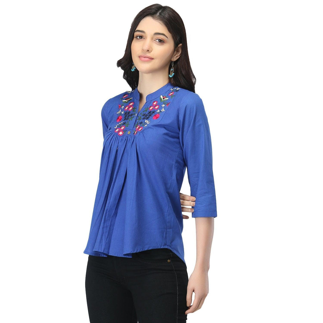 Women Royal Blue Floral Embroidered Top - NOZ2TOZ - Indiakreations