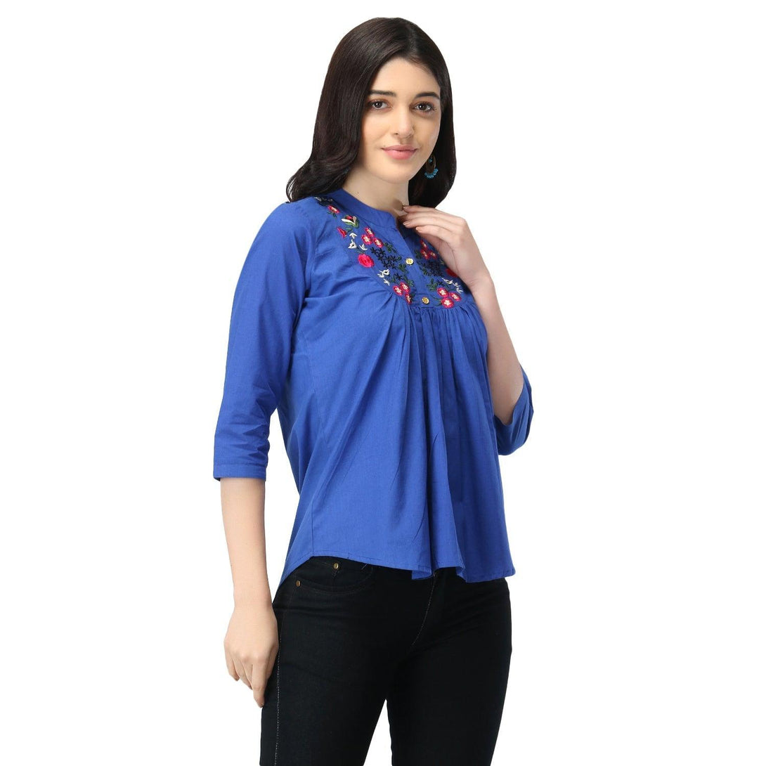 Women Royal Blue Floral Embroidered Top - NOZ2TOZ - Indiakreations