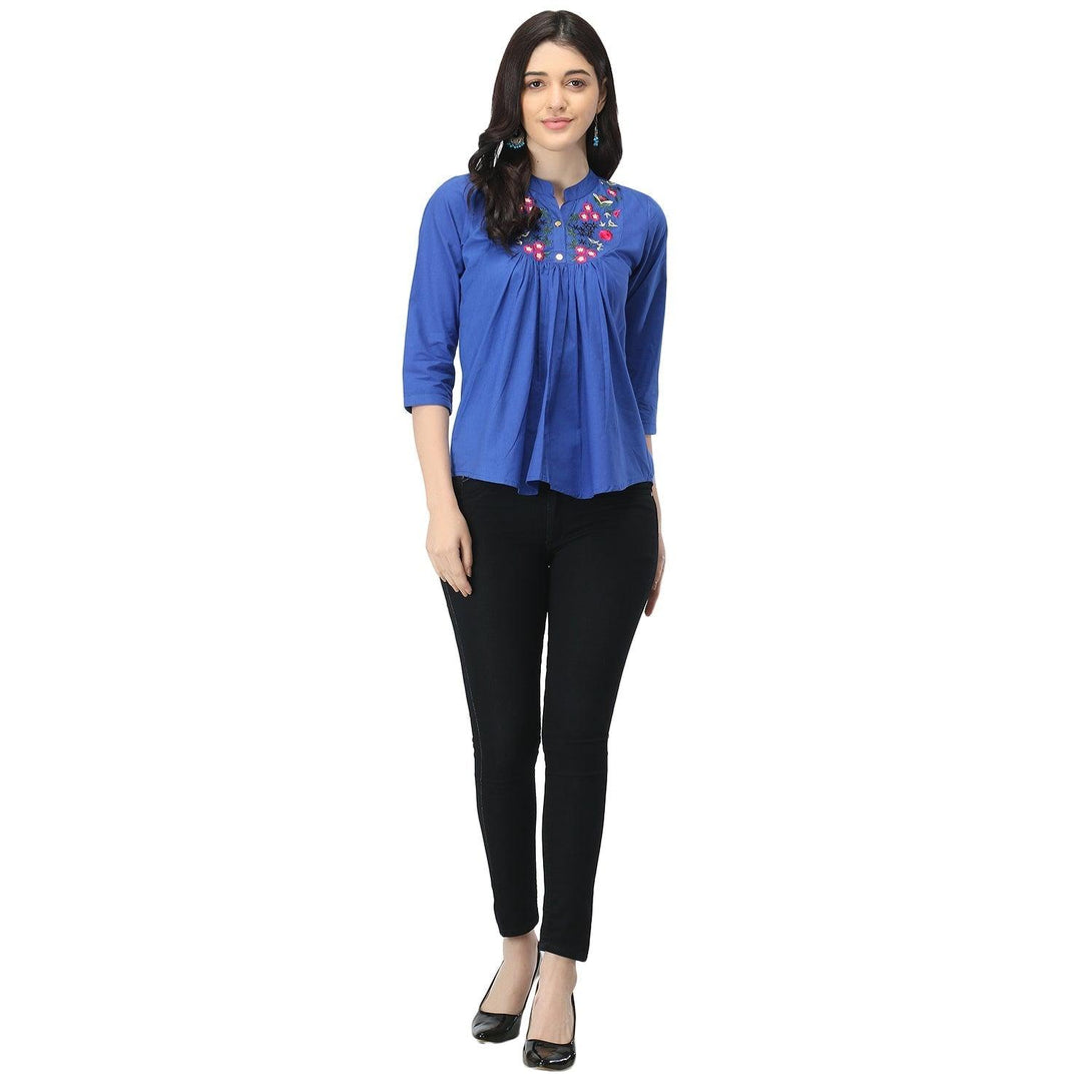 Women Royal Blue Floral Embroidered Top - NOZ2TOZ - Indiakreations