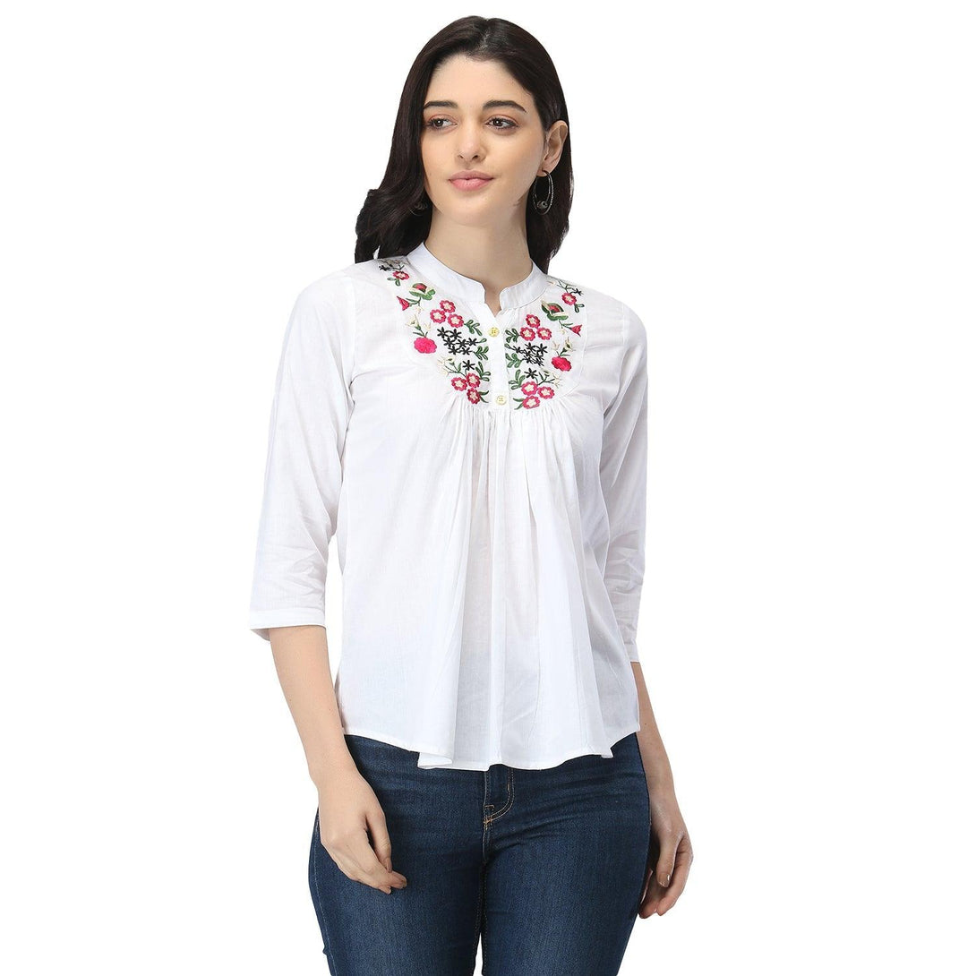 Women White Floral Embroidered Top - NOZ2TOZ - Indiakreations