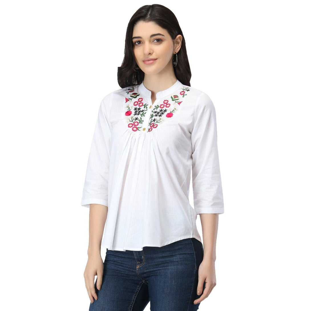 Women White Floral Embroidered Top - NOZ2TOZ - Indiakreations