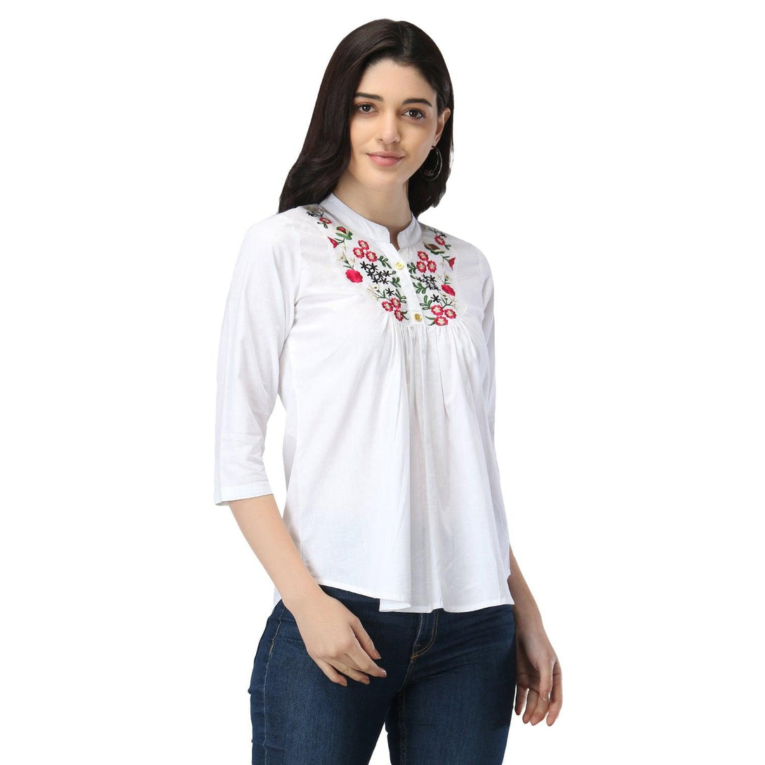 Women White Floral Embroidered Top - NOZ2TOZ - Indiakreations