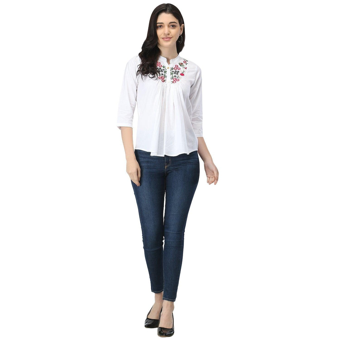 Women White Floral Embroidered Top - NOZ2TOZ - Indiakreations